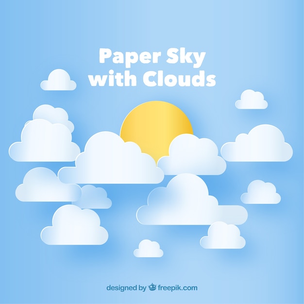 Gratis vector hemel met wolken en zonachtergrond in document textuur