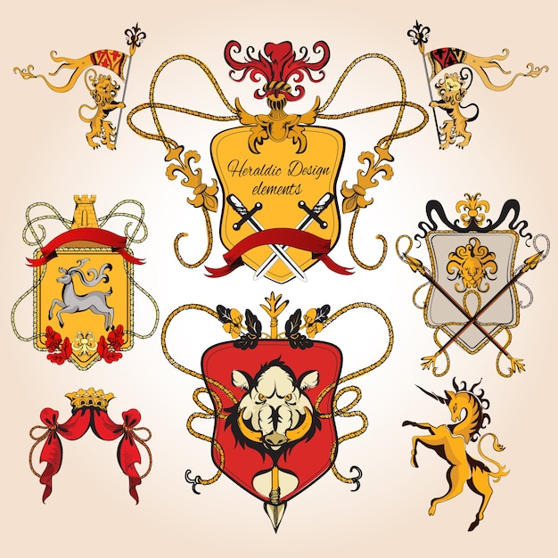 Gratis vector heraldische ontwerp gekleurde elementen decoratieve retro monogram schets set geïsoleerde vector illustratie