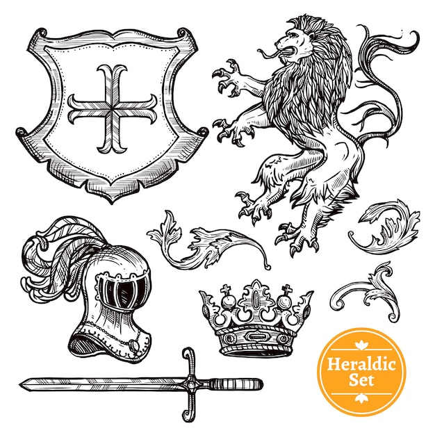 Gratis vector heraldische symbolen instellen black doodle sketch