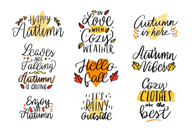 Herfst belettering collectie. Gelukkig herfst. Verliefd op gezellig weer. Het regent buiten