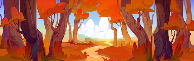 Gratis vector herfst bos vector landschap pad in de buurt van sinaasappelboom in cartoon herfst park scène zonnige dag in vallei horizon vallende seizoen en voetpad op weg tussen esdoorn bossen blauwe lucht met wolk