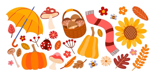 Herfst collectie van decoratieve seizoen elementen zoals paraplu, paddestoel, blad, bloem, sjaal, pompoen, insect, lieveheersbeestje en bij, vectorillustratie geïsoleerd