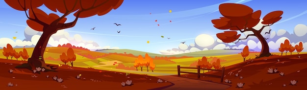 Gratis vector herfst landschap met sinaasappelbomen velden