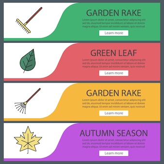 Herfst seizoen banner sjablonen webset. harken, esdoornblad. menu-items in kleur van de website. ontwerpconcepten voor vectorkoppen