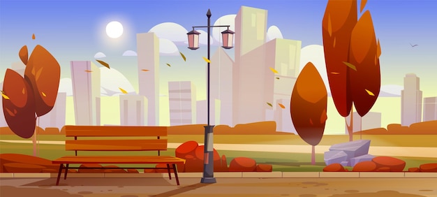 Herfst stads openbaar park met bank lantaarn en bomen met oranje bladeren tegen de achtergrond van hoogbouw Cartoon vector val landschap van de stad straat tuin met bos wandelpad en bewolkte hemel