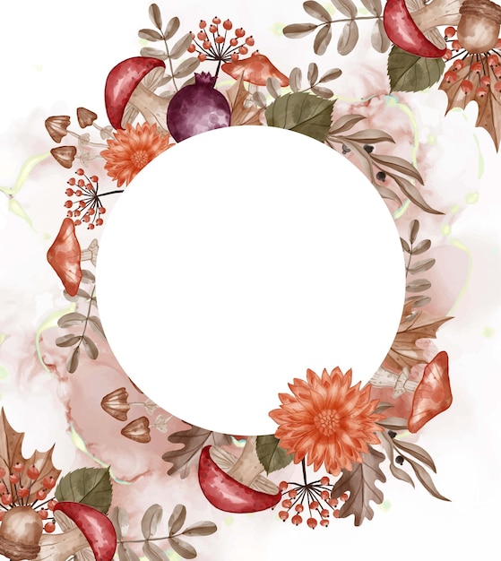 Herfst thema Aquarel frame achtergrond bloem, bladeren en paddestoel met witte ruimte