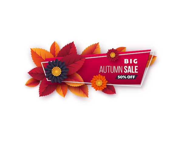 Herfst verkoop banner met bladeren en bloemen. papier gesneden herfstontwerp voor promotie van het herfstseizoen.