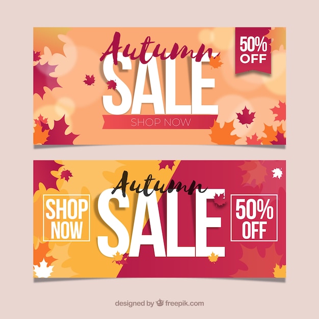 Gratis vector herfst verkoop banners met kleurrijke bladeren