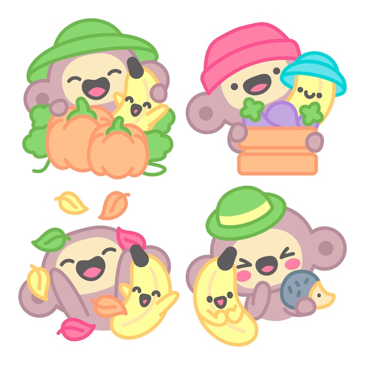 Gratis Vector herfststickerscollectie met aap en banaan