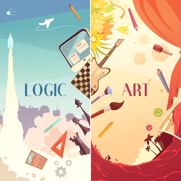 Gratis vector hersenen rechts links hemisferen cartoon banners