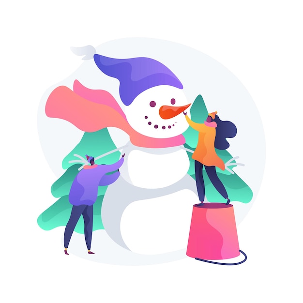 Het bouwen van een illustratie van het sneeuwman abstracte concept. Leuke activiteit, winterseizoenentertainment, kerstvakantie, bouwen met sneeuw, sneeuwpop maken, familie buitenactiviteiten