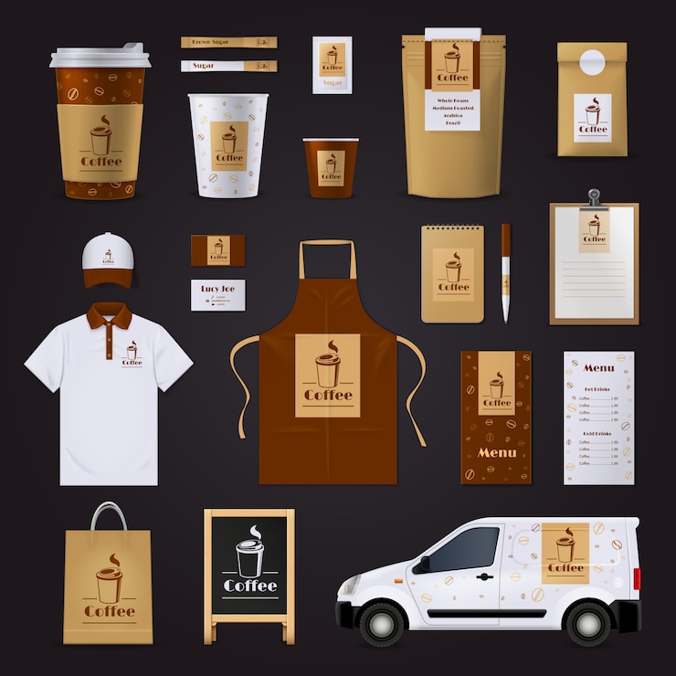 Gratis Vector het bruine en witte ontwerp van de koffie collectieve die identiteit voor koffie wordt geplaatst op zwarte achtergrond wordt geïsoleerd