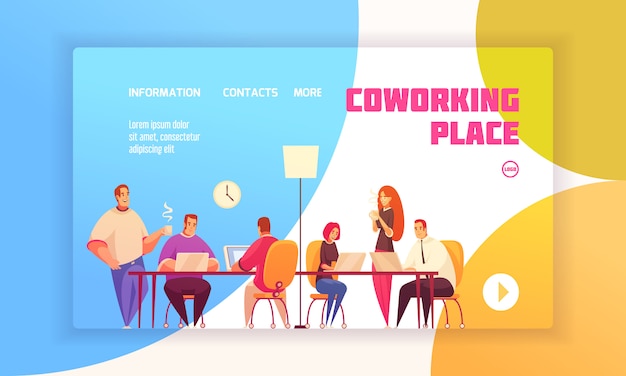 Gratis vector het concept van de coworkingplaats bestemmingspagina voor website met medewerkers in gedeelde werkomgeving en contactinformatie over vaste vlakke illustratie