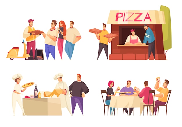 Het concept van het pizzaontwerp met de pizzawinkel en familie van de pizzalevering bij de beschrijvingen vectorillustratie van de dinerlijst