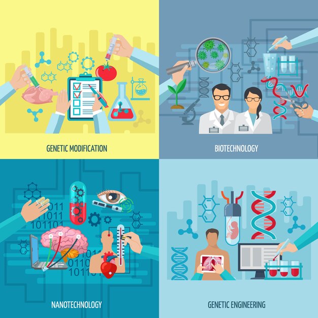 Het conceptensamenstelling van biotechnologiepictogrammen van genetische manipulatienanotechnologie en vlakke vectorillustratie van genetische modificatie de vierkante elementen