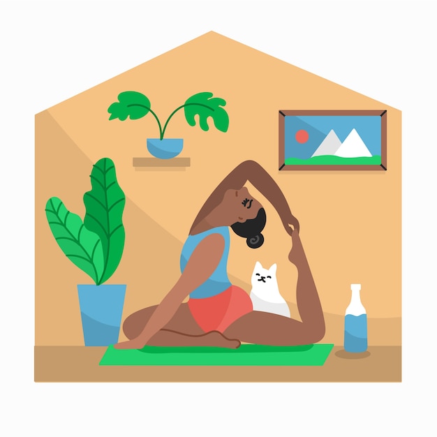 Gratis vector het doen van yoga met kat quarantaine binnenshuis concept