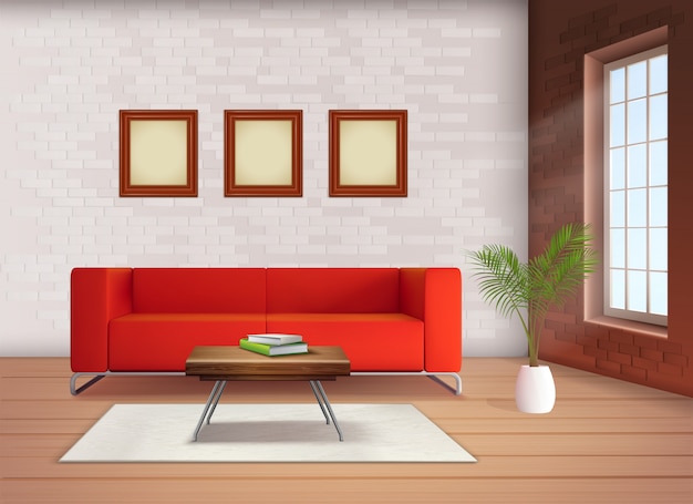 Het eigentijdse element van het huis binnenlandse ontwerp met rood bankaccent in neutraal gekleurde woonkamer realistische illustratie