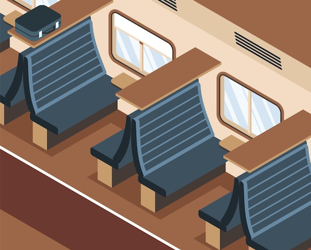 Gratis vector het interieur van de treinwagon met lege stoelen en bagage op plank 3d isometrische vectorillustratie