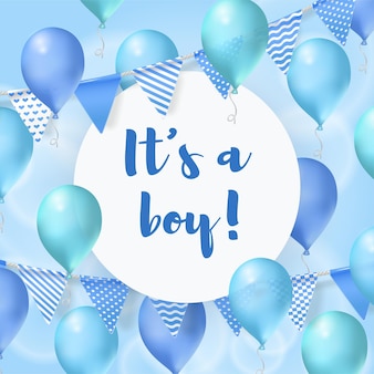 Het is een jongen baby shower wenskaart vector blauwe lucht ballonnen feest vlaggen verjaardagsviering