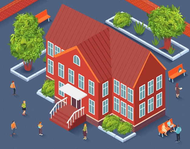 Gratis vector het isometrisch fragment van het schoolgebied van stadsbouwer met schoolgebouw in centrumbomen en banken rond illustratie,