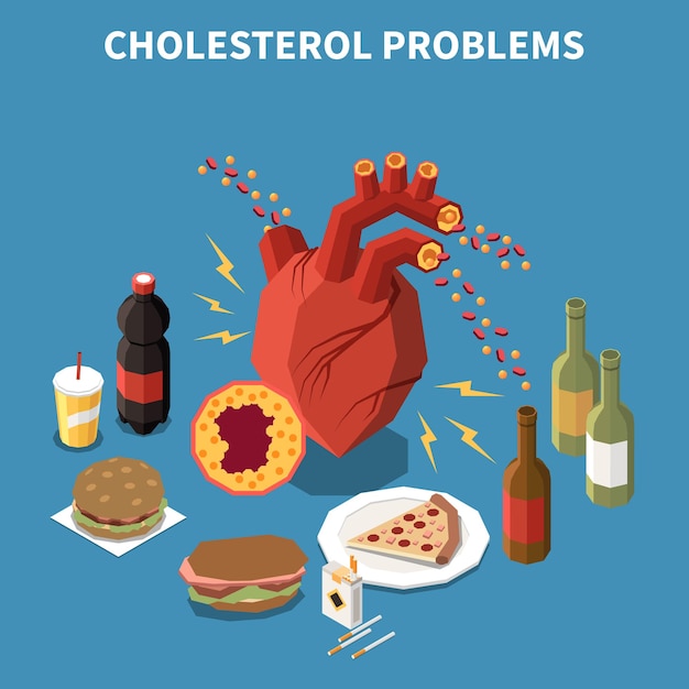 Gratis vector het isometrische concept van cholesterolproblemen met goede en slechte vetproducten vectorillustratie