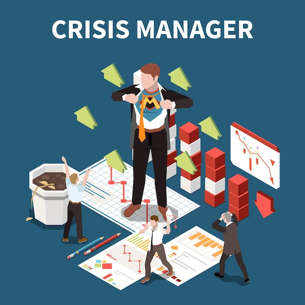 Gratis vector het isometrische concept van de crisismanager met bedrijfsberoeps en de symbolen vectorillustratie van het geldverlies