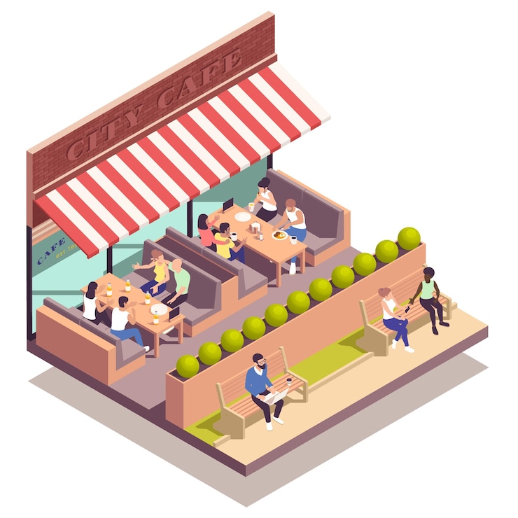 Gratis Vector het isometrische concept van de straatkoffie met mensen die op openluchtterras vectorillustratie zitten