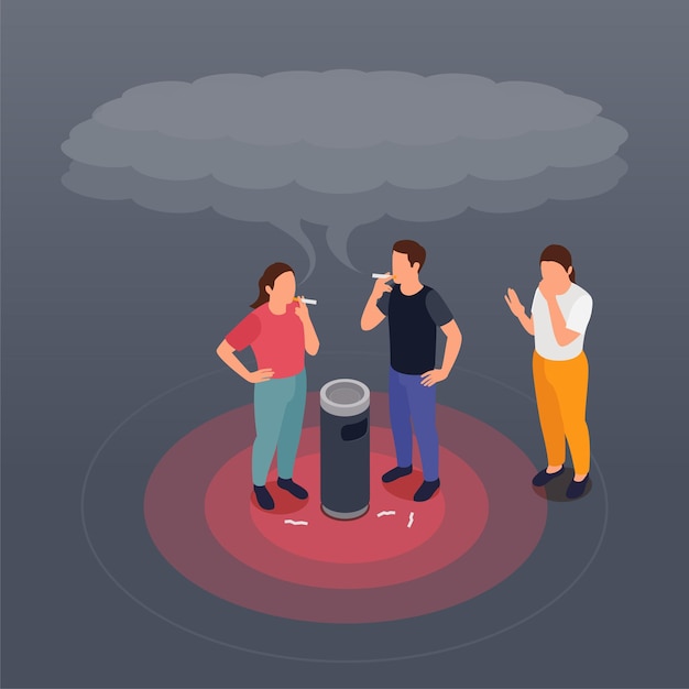 Gratis vector het isometrische concept van luchtverontreiniging met mensen die in openbare ruimte roken en vrouw die tabaksvectorillustratie inademen