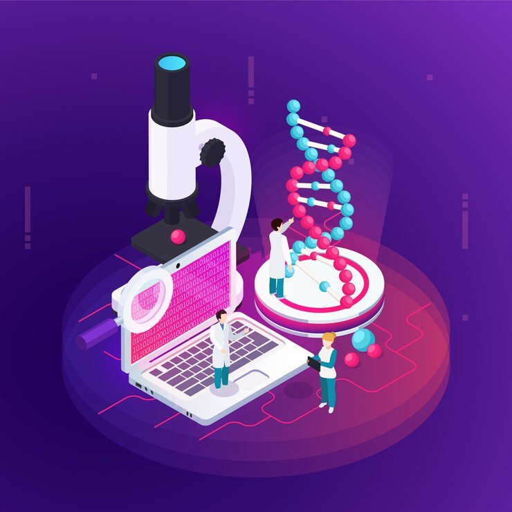 Gratis Vector het isometrische ontwerpconcept van de nanotechnologie illustreerde microscopienotitieboekje met wetenschappelijke informatie op het scherm en een groot beeld van het dna-model