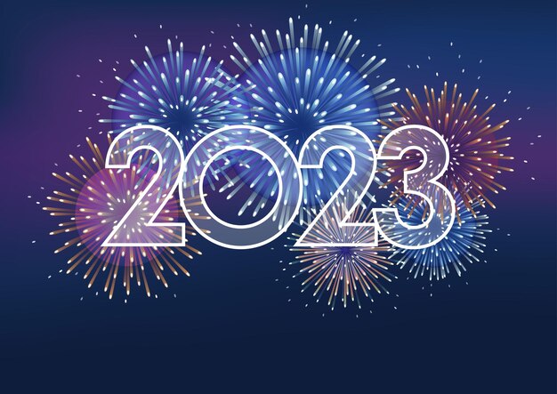 Het jaar 2023-logo en vuurwerk met tekstruimte. Vectorillustratie Het nieuwe jaar vieren.