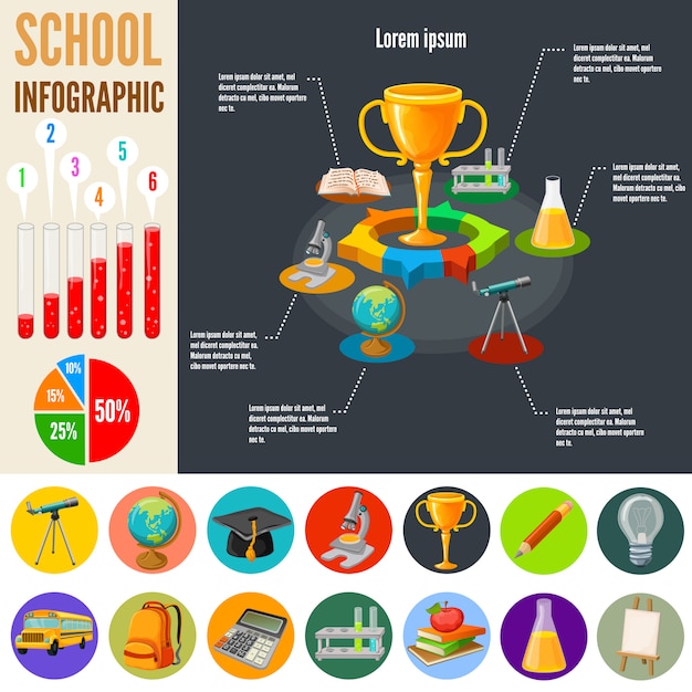 Het malplaatje van schoolinfographics met verwerving van kennisontwerp, van de diagrammenstatistieken van onderwijspictogrammen de vectorillustratie