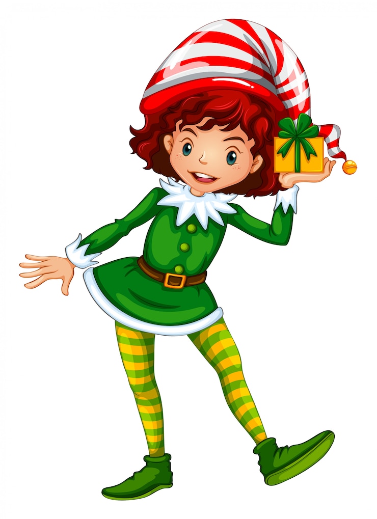 Gratis Vector het meisje kleedde zich omhoog in elfuitrusting die huidige doos houden