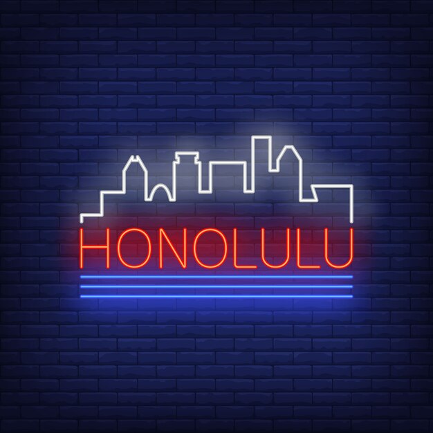 Het neon van letters voorzien van Honolulu en het silhouet van stadsgebouwen. Bezienswaardigheden, toerisme, reizen.