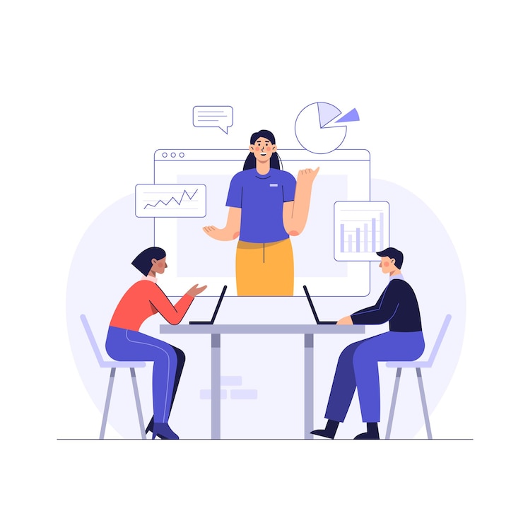 Gratis Vector het personeel presenteert het plan via een videogesprek