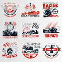 Gratis vector het rennen van embleem plaatste in kleuren verschillende vormen met beschrijvingen kampioenschap het rennen racen liga grand prix vectorillustratie