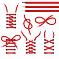 Gratis vector het rode pictogram van kantschoenen plaatste met gebonden en untied schoenveters die op witte achtergrond worden geïsoleerd