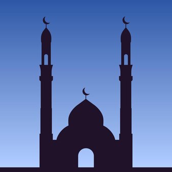 Het silhouet van de moskee tegen de avondblauwe lucht