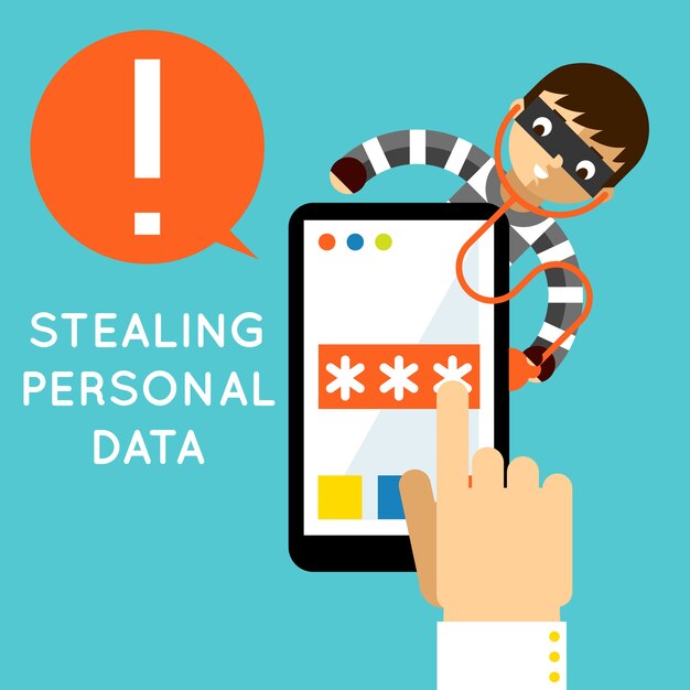 Het stelen van persoonlijke gegevens. Internetbeveiliging, hackercriminaliteit, veiligheid en wachtwoord,