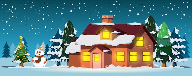 Het tafereel van een huis in een dennenbos sneeuwt en er is een kerstboom met sneeuwpop