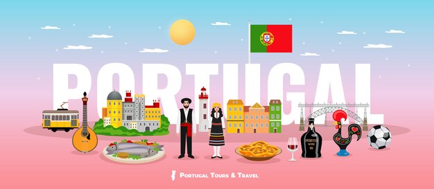 Het toerismeconcept van Portugal met keukenmensen en vlakke vlakensymbolen