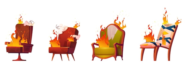 Het verbranden van kapotte stoelen en fauteuils, oud rommelmeubilair in brand