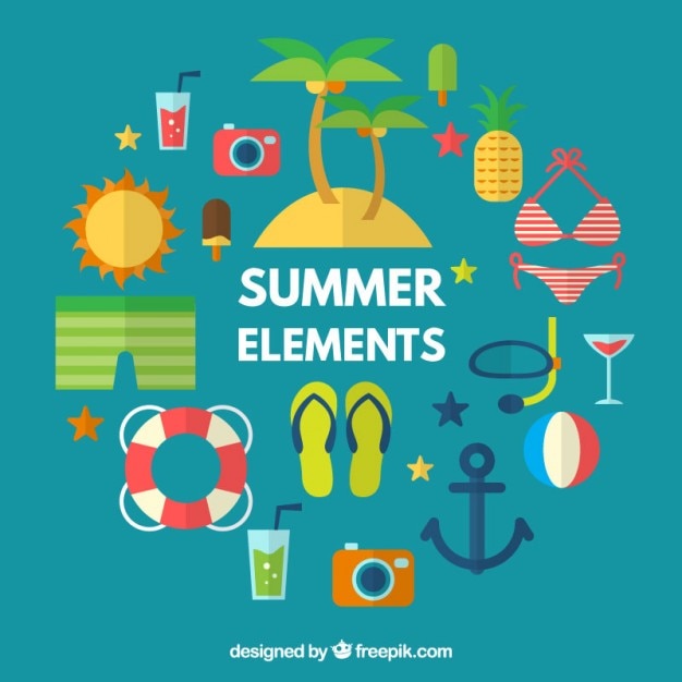 Gratis vector het verzamelen van de zomer accessoires en elementen in plat design