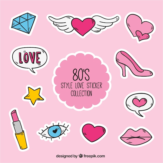 Het verzamelen van decoratieve liefde stickers in 80&#39;s stijl