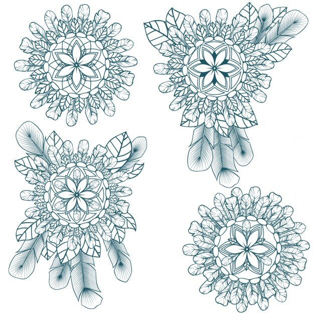 Gratis Vector het verzamelen van mandala's van veren en bladeren in de boho-stijl