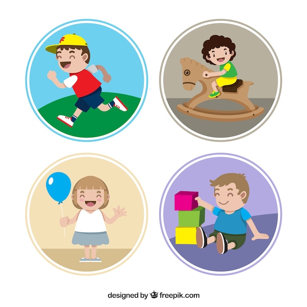 Gratis vector het verzamelen van ronde stickers met kinderen spelen
