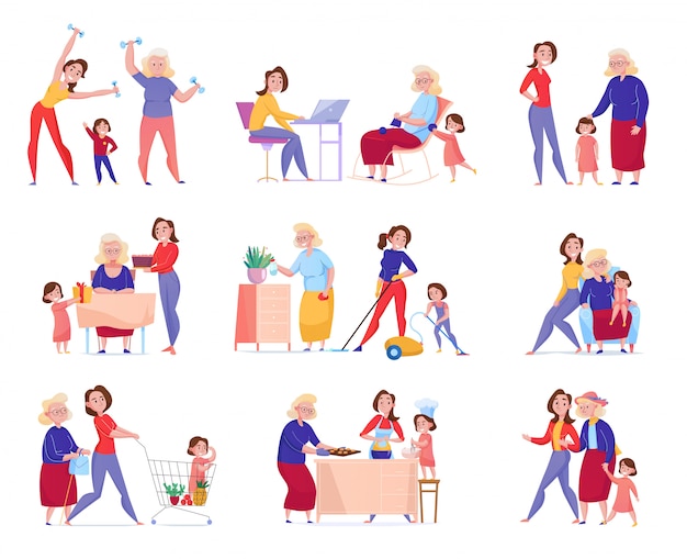 Het vlak geïsoleerde die pictogram van de de grootmoedermoeder van de vrouwengeneratie met familie in de ogenblikkenillustratie wordt geplaatst Gratis Vector