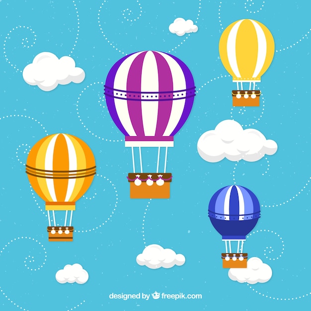 Gratis vector hete lucht ballonnen achtergrond in de lucht met wolken