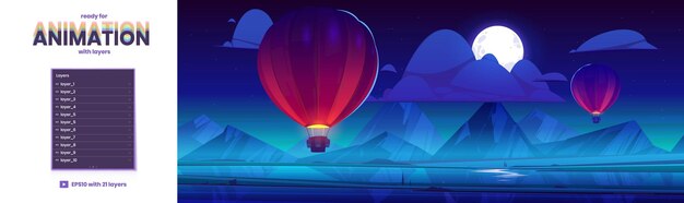 Heteluchtballonnen vliegen in de nachtelijke hemelachtergrond