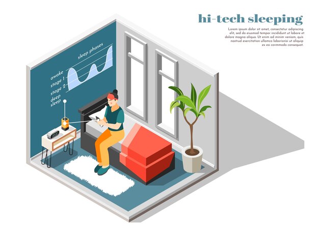 Hi-tech slaap isometrische en gekleurde compositie met elektronische tool voor een goede nachtrust