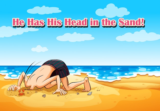 Gratis vector hij heeft zijn hoofd in het zand. strand achtergrond